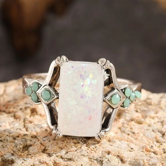 Rectangle White Opal Antique Silver Rings - Picture 9 of 12